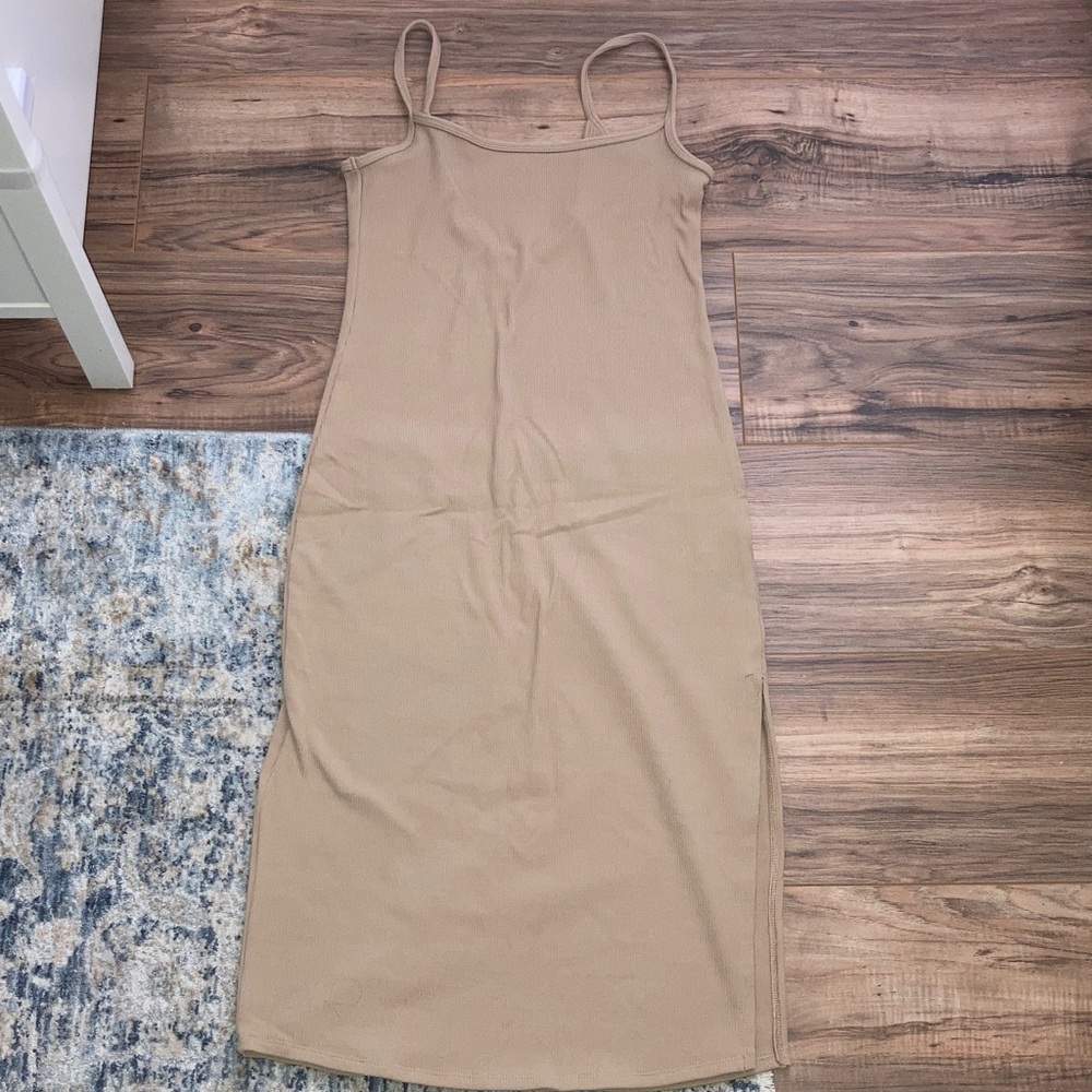 #93. Abercrombie- Beige Slip Midi Dress with Spaghetti Straps & Side Slit